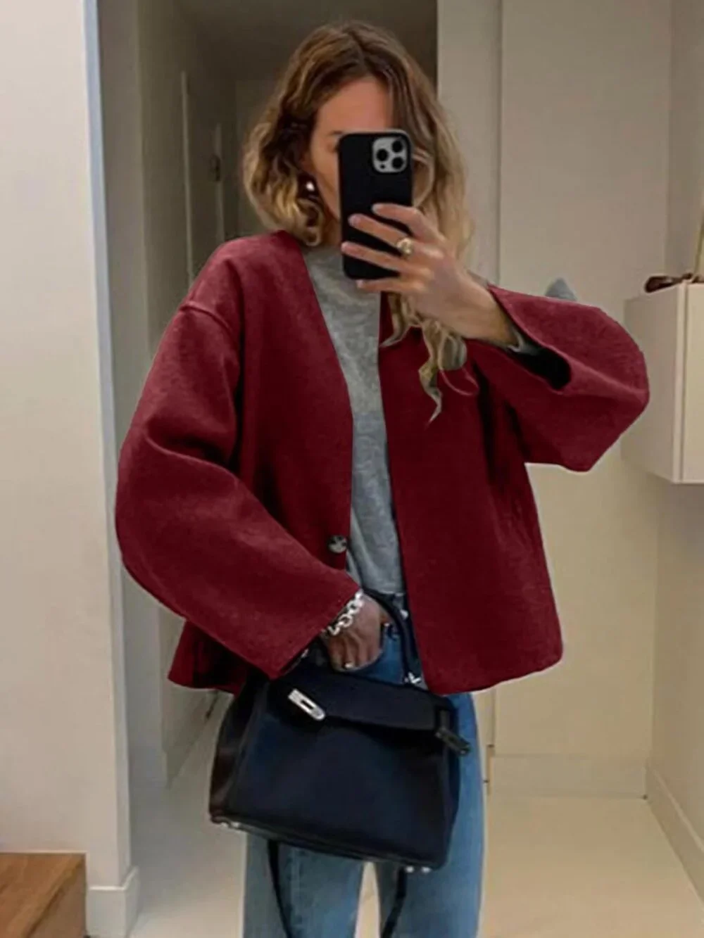 Women's Red Wool Blend Cropped Collarless Long Sleeve Short Fall Pea Overcoat